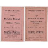 Football programmes, Dulwich Hamlet, 1927/28, two home programmes for friendly matches v