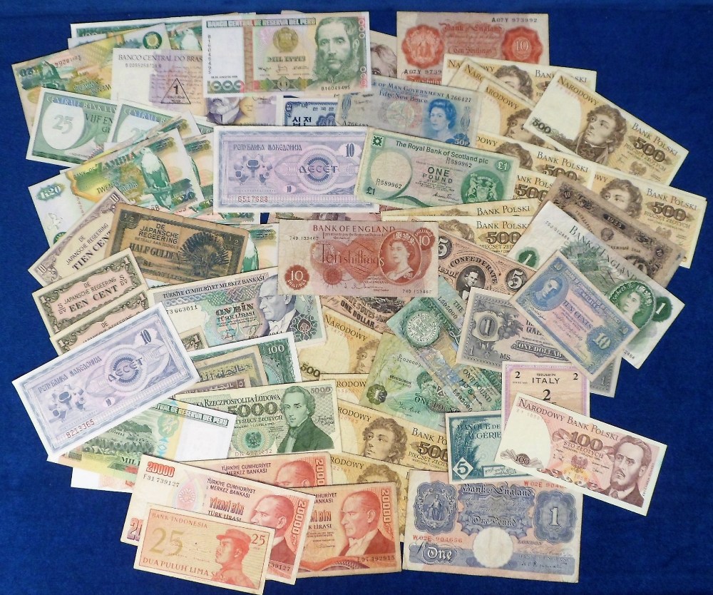 Bank Notes, an assoprtment of 80 notes, mainly Bank of England also Poland, Zambia, U.S.A., Japan,