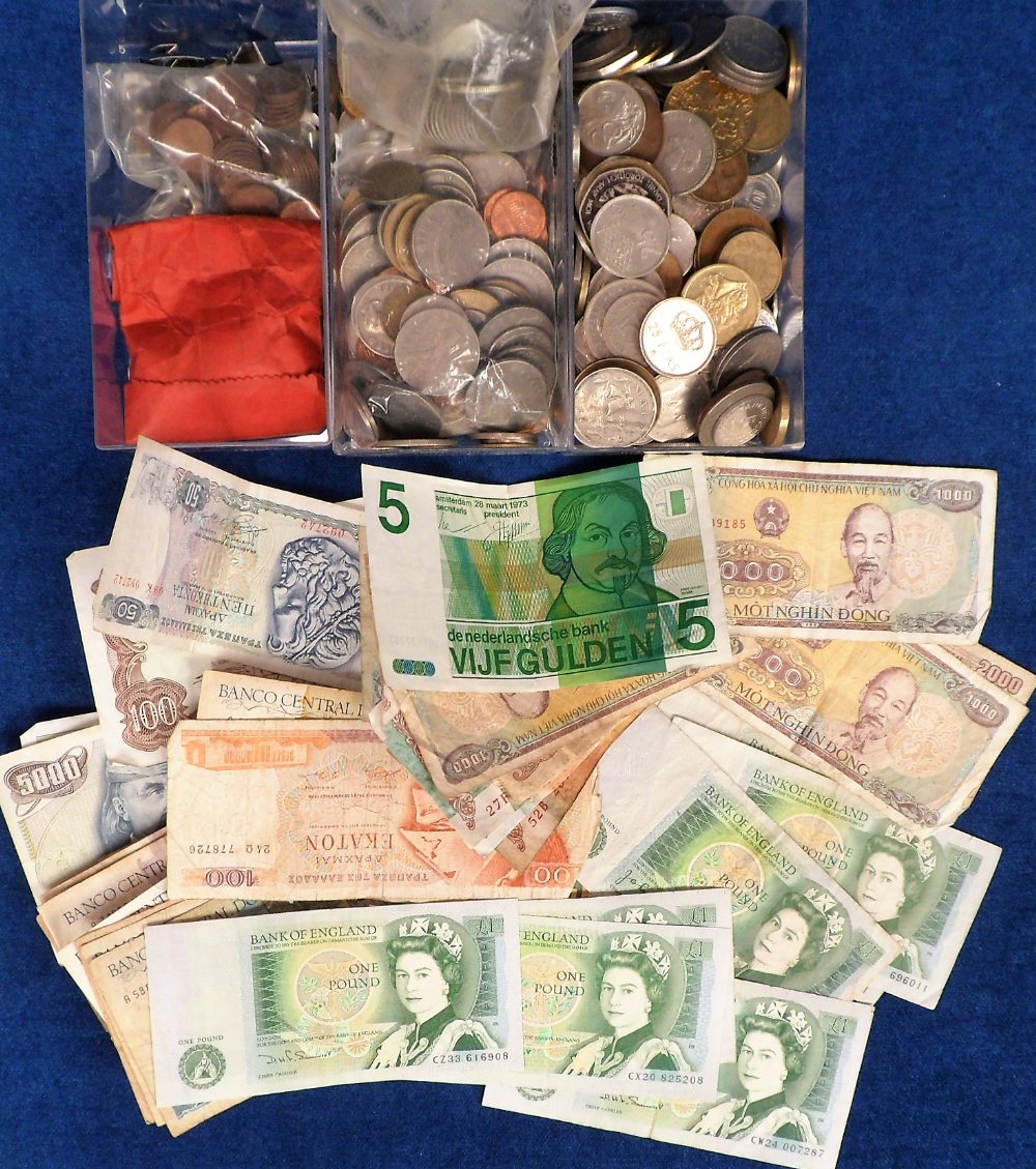 World Coins and Bank Notes, mixed coins from various countries together with 42 world bank notes