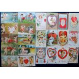 Postcards, a fine selection of approx. 72 Valentine greetings cards, mainly embossed. Themes include