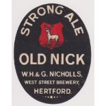 Beer label, W H & G Nicholls, Hertford, Strong Ale, vertical oval 85mm high (fair/gd) (1)