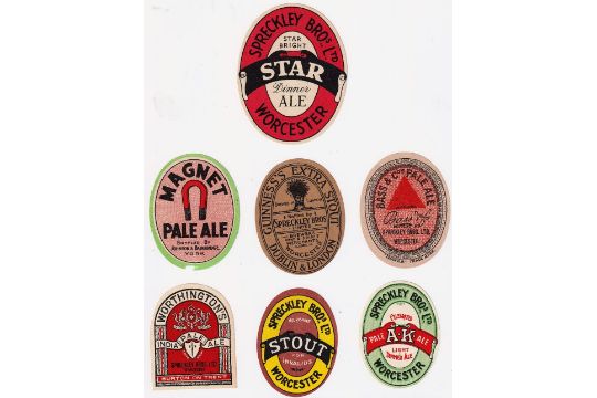 Beer labels, a selection of 7 labels including Spreckley Bros Worcester, various shapes and sizes (