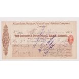 Football memorabilia, Tottenham Hotspur cheque dated 23rd May, 1906 for £1-12-9d made payable to G L