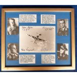 WW2 German Fighter Pilots, framed b/w image of a German fighter plane signed to each corner by a