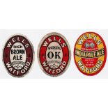 Beer labels, Wells, Watford, 3 vertical oval labels, for India Pale Ale, Sparkling OK and Rich Brown