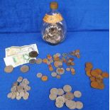 Coins and Bank Notes, to include a Dimple Whisky bottle containing a large qty. of 1950s and 60s