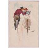 Postcard, a signed Art Nouveau card illustrated by Raphael Kirchner of couple on bicycle in the 'All