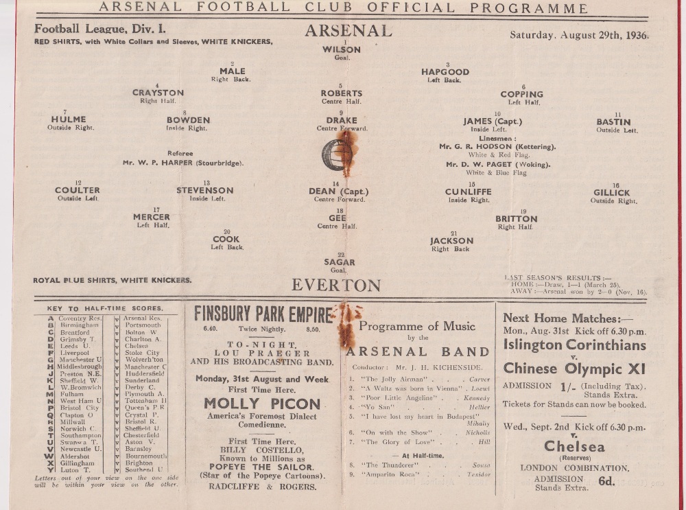 Football programme, Arsenal v Everton, 29 August, 1936, Division 1 (rs removed o/w gd) (1) - Image 2 of 2