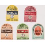 Beer labels, William Stones Ltd, Sheffield, 5 arched shape labels Samson Stout, Cannon Ale, Light