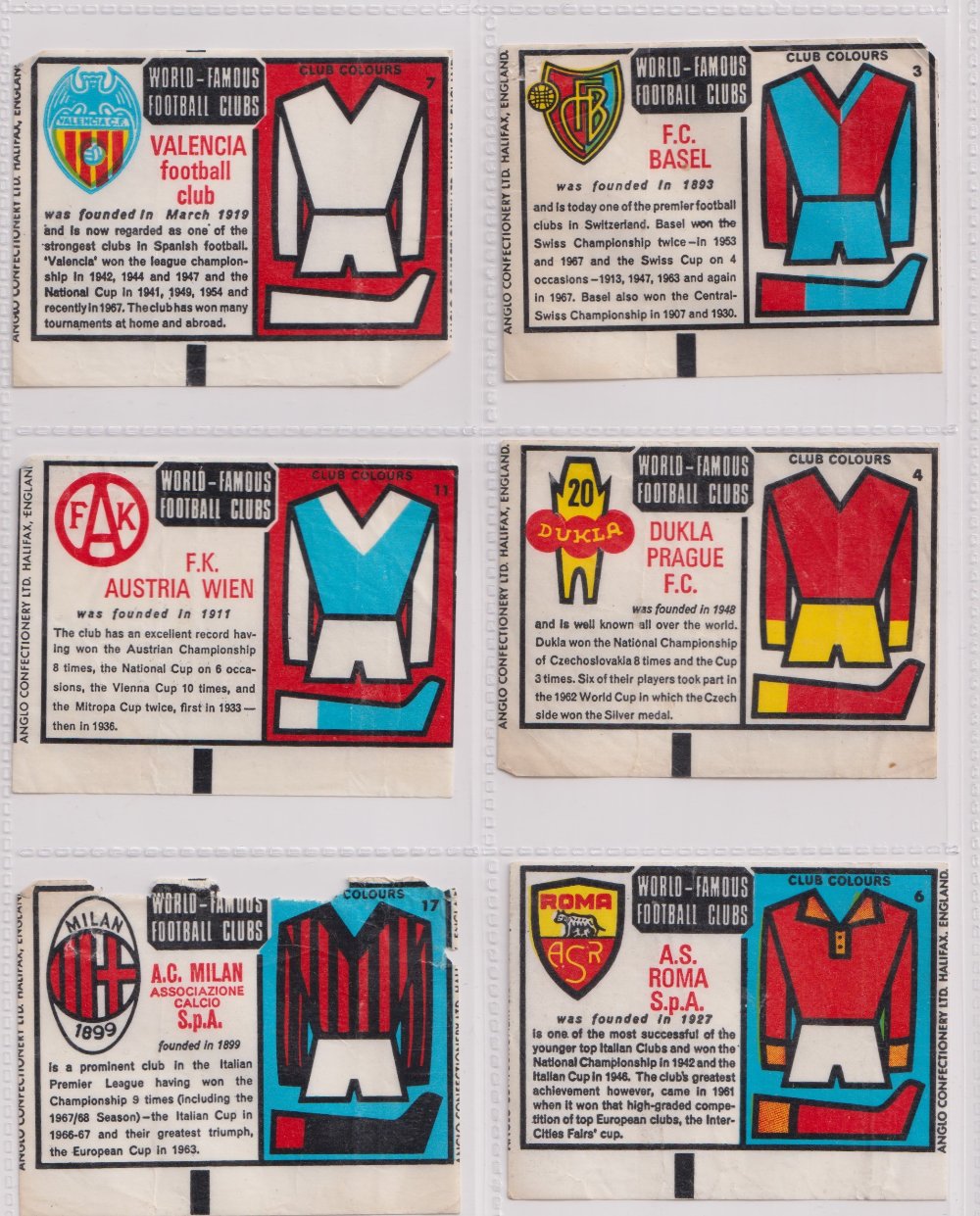 Trade cards, Anglo Confectionery, World-Famous Football Clubs (Wax issue) (37/72) includes West Ham,