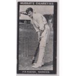 Cigarette card, Murray's, Cricketers, (Series H, black front), type card F R Foster, Warwick (gd) (