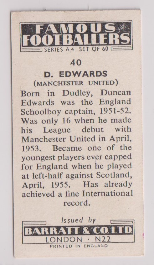 Trade card, Barratt's, Famous Footballers, A4 Series, type card, no 40, D. Edwards, Manchester - Image 2 of 2