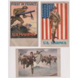 Postcards, Military, 3 artist drawn US Marines Poster style cards, 'First in France' by Couglin (