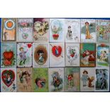 Postcards, a fine selection of approx 76 Valentine greetings postcards, with many embossed, chromos,