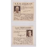 Cigarette cards, Cricket, Du Maurier, Advertising Inserts, two inserts, A.E.R. Gilligan England Test