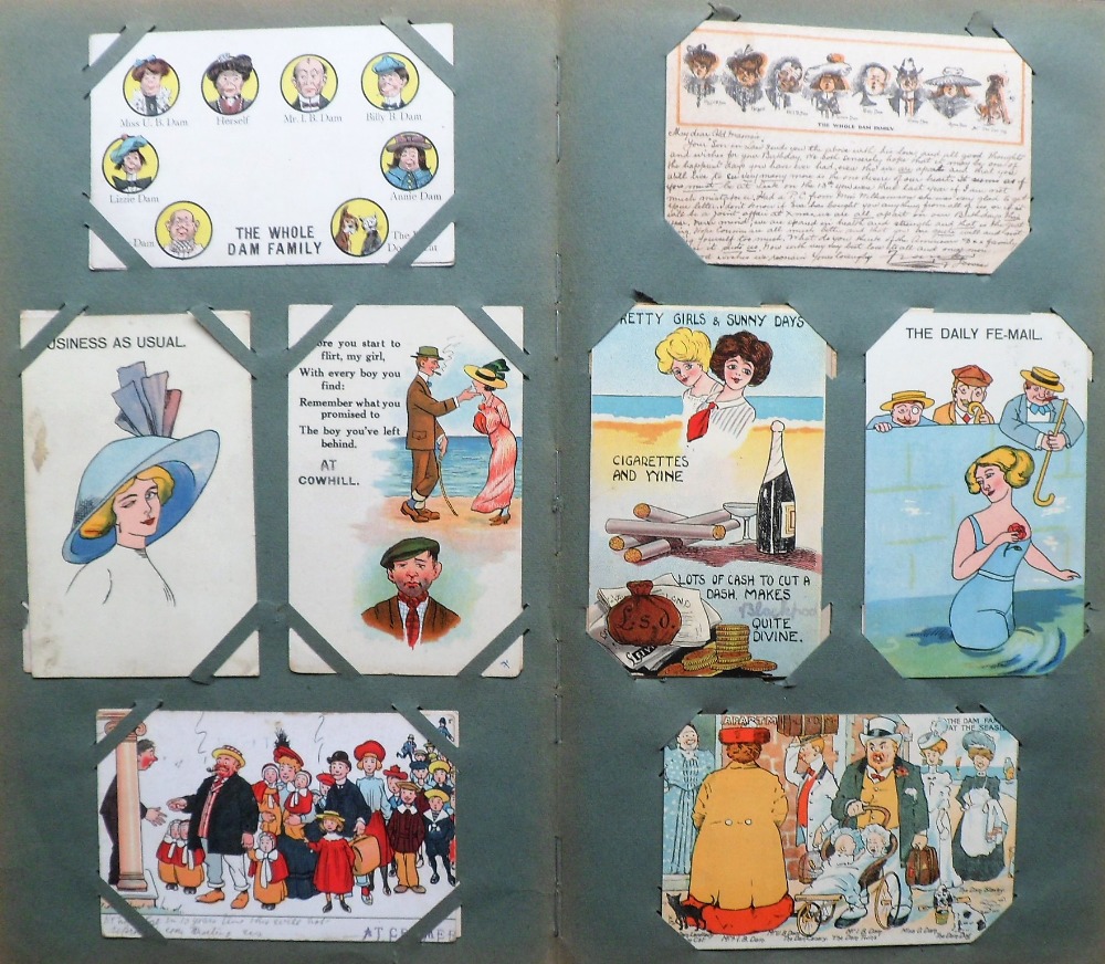 Postcards, a vintage album of approx 131 mixed subject cards incl. comic (prison, marriage), novelty