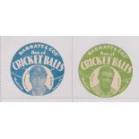 Trade cards, Barratt's, Cricketers (Cricket Balls), circular, two cards, A.P. Freeman, Kent (blue) &