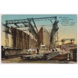 Postcard, coloured postcard showing the World's greatest gantry in Harland & Wolff's North Shipyard,