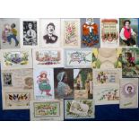 Postcards, a novelty selection of 52 cards incl. embroidered silks, mechanical, Fijian cannibal