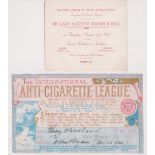 Tobacco related ephemera, International Anti-Cigarette League Certificate dated 1901 issued to