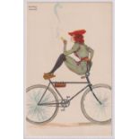 Postcard, a signed Raphael Kirchner Art Nouveau card of 'Girl smoking in bicycle' from 'All Heil'