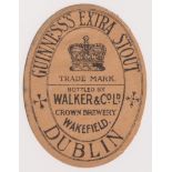 Beer label, Guinness Extra Stout, bottled by Walker & Co Ld Wakefield, vertical oval, 85mm high, (