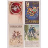Postcards, Advertising, Cycling, 4 foreign cards, Petit-Breton Dunlop, Siedel & Naumann, Pneu L’