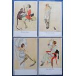 Postcards, a selection of 4 Art Deco period glamour cards of provocative young ladies posing with