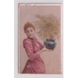 Cigarette card, Wills, Beauties (No inset, scroll back), type card, Girl holding flower pot (trim to