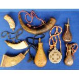 Militaria, a collection of 8 mainly European powder flasks of various materials including wood and