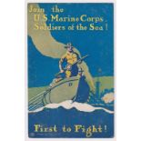 Postcard, Advertising, USA Marine, Poster style, Join the US Marine Corps First to Fight, by