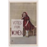 Postcard, Suffragettes, Comic card showing girl pouting in prison with 'Votes for Women placard,