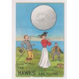 Postcard, Advertising, Golf, comedy advert for Hawks Balls, with purple rubber stamp to reverse ‘