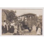 Postcard, Oxfordshire, RP, showing Motor Bus destroyed by fire, Henley-on-Thames, with policeman &
