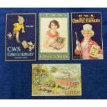 Postcards, Advertising, CWS Confectionery, 4 artist drawn postcards, lady with box of chocolates,