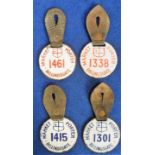 Billingsgate Market Porters Badges, 4 enamelled badges complete with leather button tabs, 2 blue,