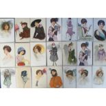 Postcards, an illustrated Art Deco selection of 21 glamour cards showing fashions of the day and