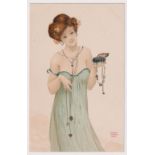 Postcard, Art Nouveau, a glamour card illustrated by Raphael Kirchner 'Girls with Good Luck