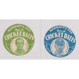 Trade cards, Barratt's, Cricketers (Cricket Balls), circular, two cards, H. Sutcliffe Yorks & N.