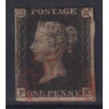 Stamps, GB QV 1d black, FK, 3 margins used with a red MX