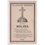Postcard, Football, Wolverhampton Wanderers, In Memorium card, opposition not identified, early
