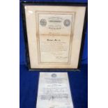 Bravery At Sea, 2 documents to comprise a framed testimonial from the South Holland Institution