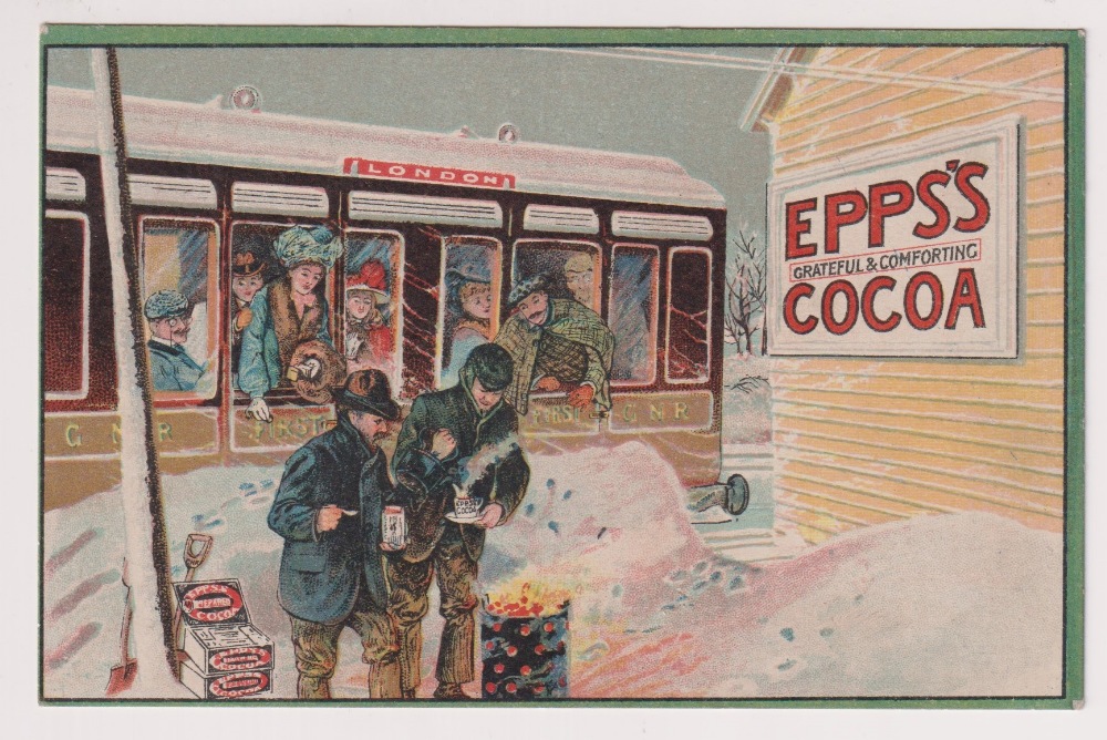 Postcard, Epp's Cocoa, artist drawn Railway Station winter scene, message in pencil to reverse (