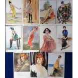 Postcards, a collection of 11 Art Deco cards of pretty girls illustrated by W Barribal inc. set of 6