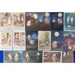 Postcards, a good selection of 16 illustrated cards of children by E Colombo, themes inc. picnic,