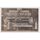 Postcard, Birmingham, Social History, RP, D. Higgins Butchers Shop Front, Smethwick, staff & shop