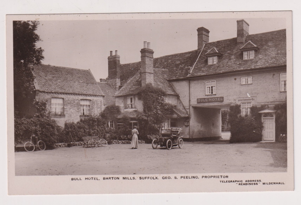 Postcard, Suffolk, Barton Mills, RP showing the Bull Hotel with motor car outside (unused, vg) (1)