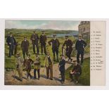 Postcard, Golf, glossy, printed card showing 13 Famous Golfers inc. Vardon, Braid, J & J H Taylor,