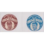 Trade cards, Barratt's, Cricketers (Cricket Balls), circular, two cards, R. Mead Hants & G. Brown