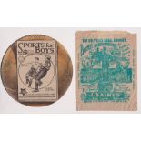 Trade card & advertising bag, two items, circular football shaped advert for 'Sport for Boys'